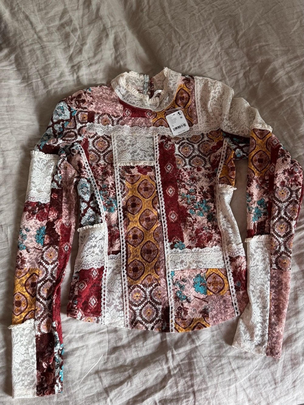 Free People Patchwork Lace Trim Long-Sleeve Blouse in Multi-Color